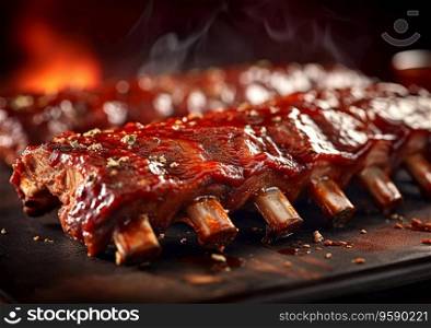 Pork spare ribs barbeque meat grilled on fire.AI Generative