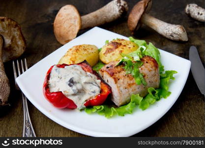 Pork steak with baked potato and mushroom sauce on white plate