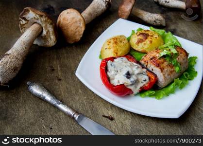 Pork steak with baked potato and mushroom sauce on white plate