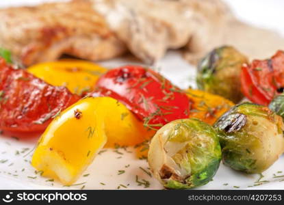 pork steak with mushroom sauce and grilled vegetables