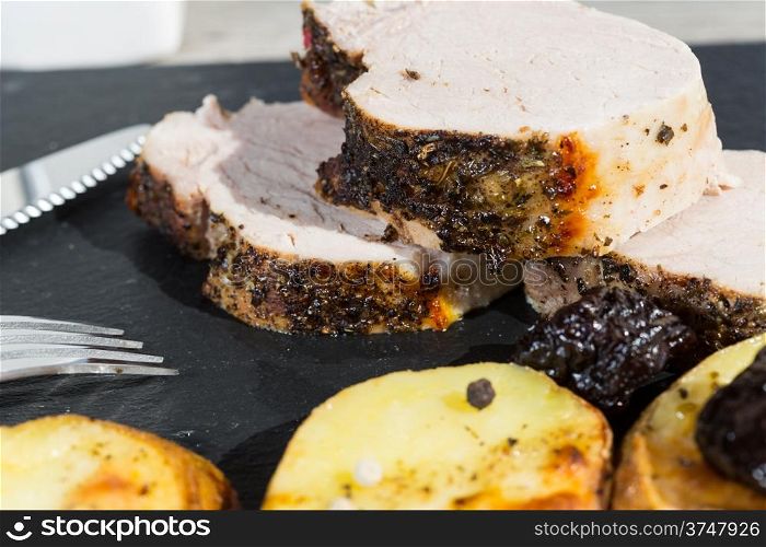 Pork tenderloin with roasted potatoes and plums