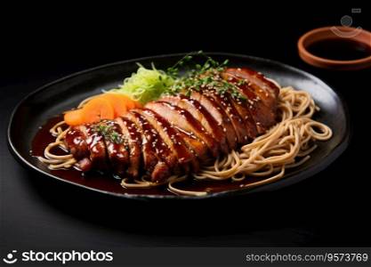 Pork with soba noodles in a plate. Pork with soba noodles