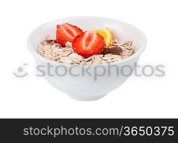 Porridge in black dish on a white background