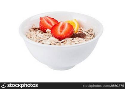 Porridge in black dish on a white background