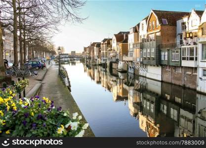 Port and canal embankment in the Dutch town of Gorinchem
