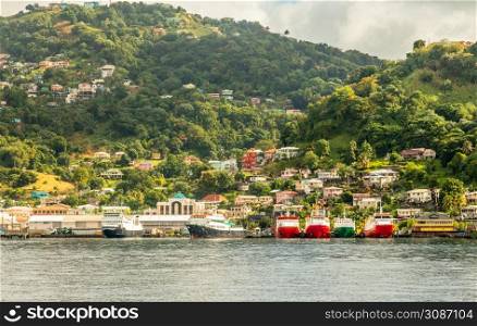 Port full of ships and houses on the hill, Kingstown, Saint Vincent and the Grenadines