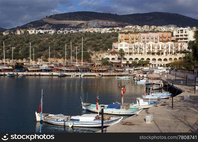 Port Kalkan with clouds and marina, Turkey