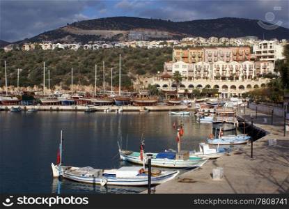 Port Kalkan with clouds and marina, Turkey