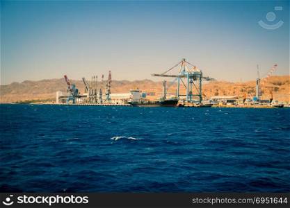 Port of Eilat, Israel.A cargo ship docked in the port.