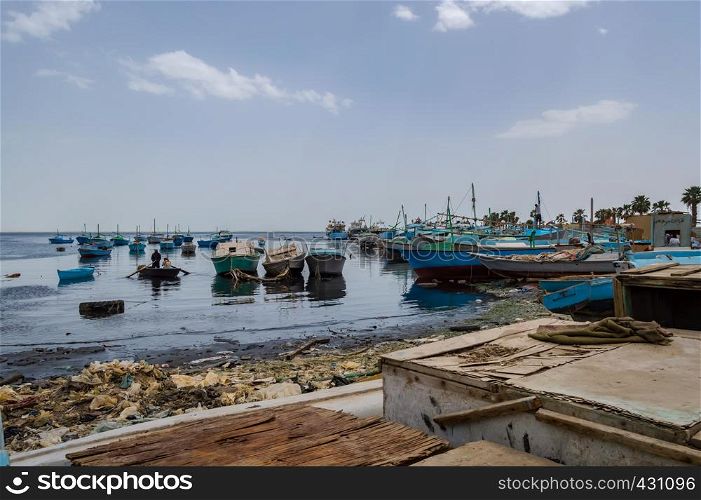 Port of fishing boats in the old marina of the city of Hurghada in Egypt. Port of fishing boats