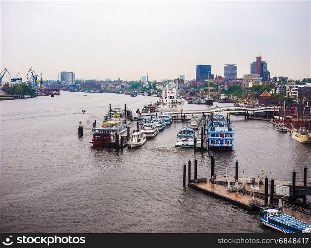 Port of Hamburg in Hamburg hdr. Hamburger Hafen (Port of Hamburg) sea port on the river Elbe in Hamburg, Germany, hdr