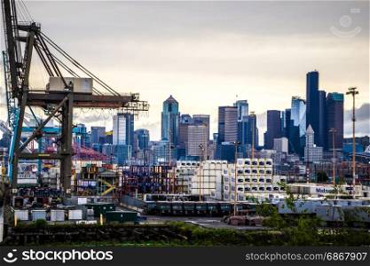 port of seattle with downtown skyline early morning