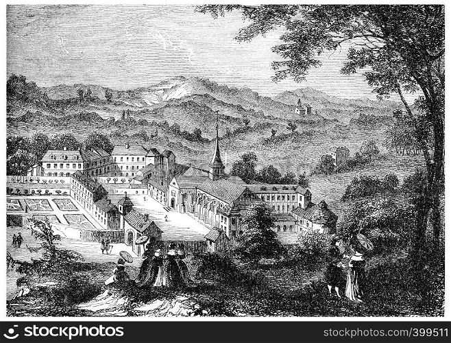 Port-Royal-des-Champs, after an engraving of the seventeenth century, vintage engraved illustration.