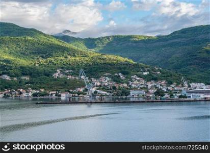 Port town of Bijela on coastline of Gulf of Kotor in Montenegro. Cruise up the Bay of Kotor in Montenegro