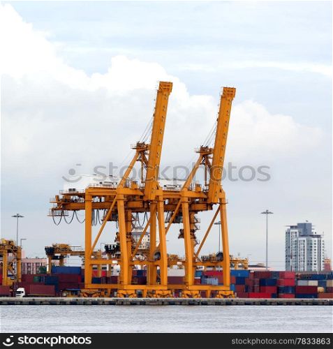 Port warehouse with cranes and containers Cranes