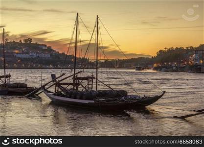 Port Wine boats moored on the River Douro in Porto (Oporto) in Portugal.