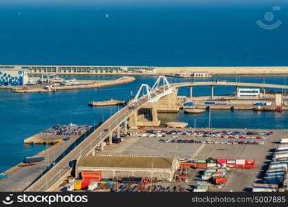 Porta d?Europa Bridge at the entrance to Port of Barcelona overlook, Catalonia, Spain.