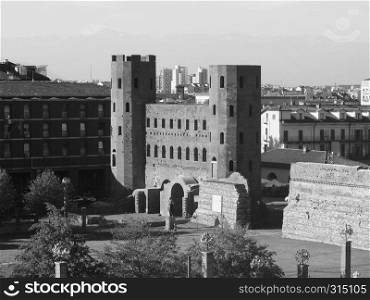 Porta Palatina (Palatine Gate) ruins in Turin, Italy in black and white. Porta Palatina (Palatine Gate) in Turin in black and white