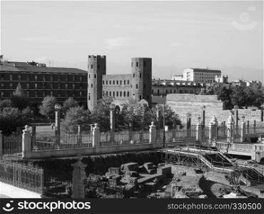 Porta Palatina (Palatine Gate) ruins in Turin, Italy in black and white. Porta Palatina (Palatine Gate) in Turin in black and white