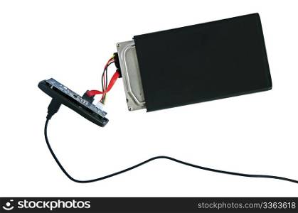 Portable disassembled external hard drive HDD. Isolated on white