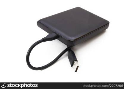 Portable external HDD hard disk drive with USB cable on white background