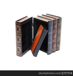 Portable hard drive for storing large volumes of data and information hidden in a wooden box made to look like books - path included