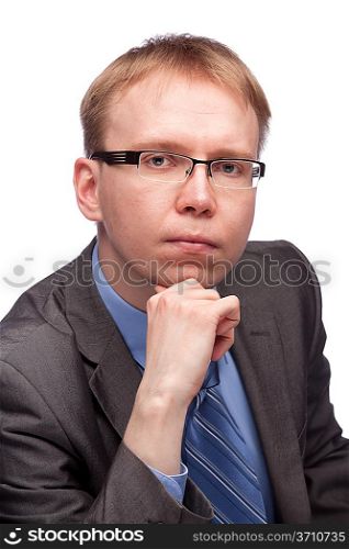 Portait of thinking man in suit and glasses isolated on white background