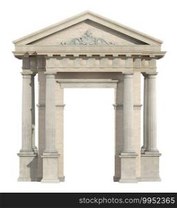 Portal in neoclassical style isolated on white with doric column and tympanon - 3d rendering. Old portal in neoclassical style isolated on white
