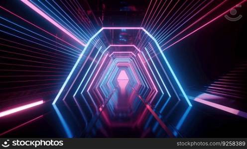 Portal of beautiful neon lights with glowing purple and blue lines in a tunnel. Generative AI AIG21.