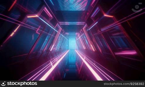 Portal of beautiful neon lights with glowing purple and blue lines in a tunnel. Generative AI AIG21.