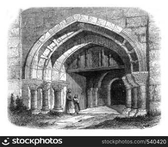 Portal of Saint-Cyr La Rosiere, in the Orne department, vintage engraved illustration. Magasin Pittoresque 1857.
