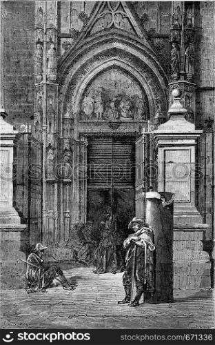 Portal of the cathedral of Seville, vintage engraved illustration. Le Tour du Monde, Travel Journal, (1865).
