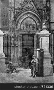 Portal of the cathedral of Seville, vintage engraved illustration. Le Tour du Monde, Travel Journal, (1865).