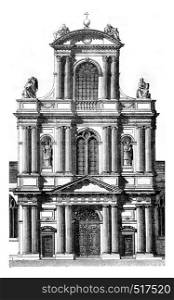 Portal of the church of Saint Gervais, in Paris, beginning in 1616, vintage engraved illustration. Magasin Pittoresque 1845.