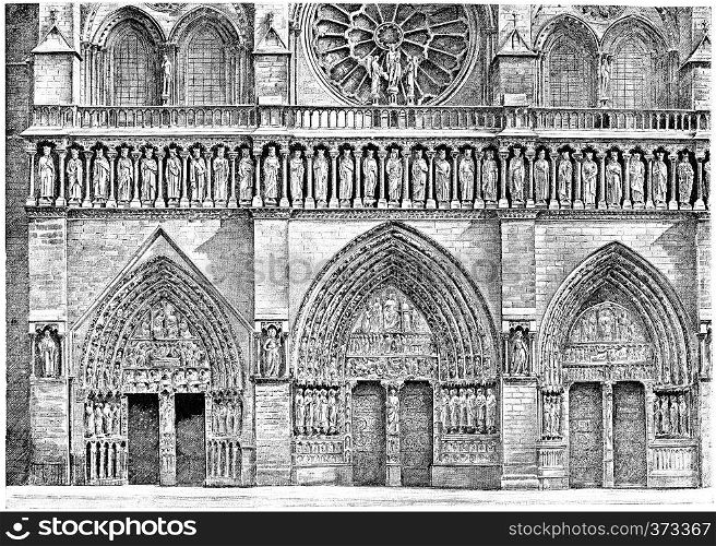 Portals of the facade of Notre-Dame, vintage engraved illustration. Paris - Auguste VITU ? 1890.