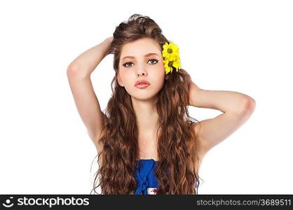 portarit of a pretty young woman over white with long hair looking in camera