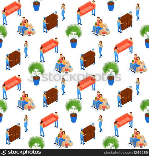 Porters Carry Furniture Seamless Pattern Vector Illustration. Woman in Uniform with Contract her Hands. Transport Company to Provide Handymen for Implementation Various Loading Unloading Operations.. Porters Carry Furniture Seamless Pattern Vector.