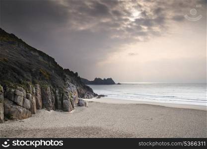 Porthcurno yellow sand beach before sunset Cornwall England