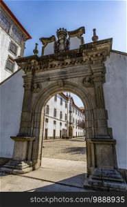 Portico to the main facade of the Monastery of Saint Mary in Arouca, Portugal