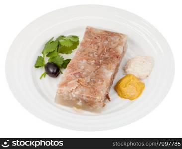 portion of beef aspic with seasonings on white plate isolated on white background