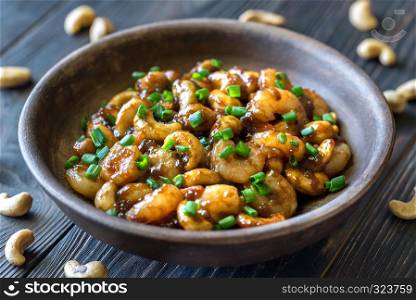 Portion of cashew shrimp stir-fry