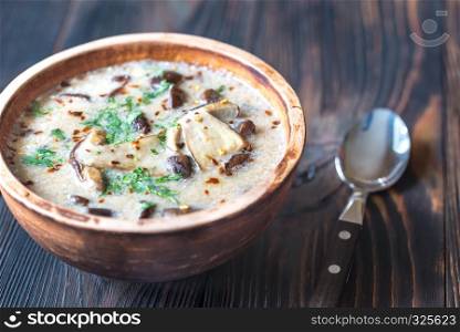 Portion of creamy porcini mushroom soup