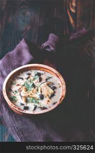 Portion of creamy porcini mushroom soup