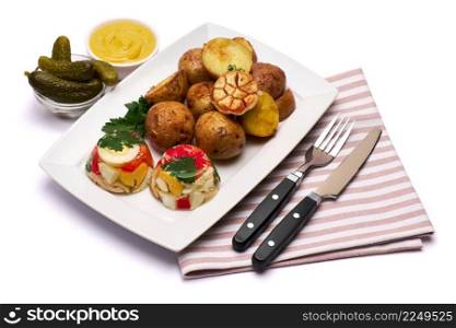 Portion of delicious chicken aspic and baked potato on a plate isolated on white background. High quality photo. Portion of delicious chicken aspic and baked potato on a plate isolated on white background
