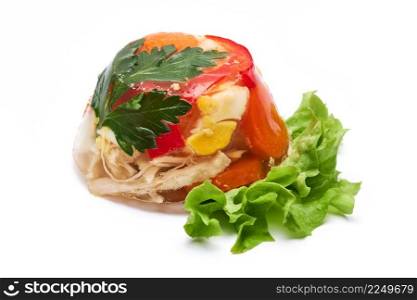 Portion of Delicious chicken aspic isolated on white background. High quality photo. Portion of Delicious chicken aspic isolated on white background