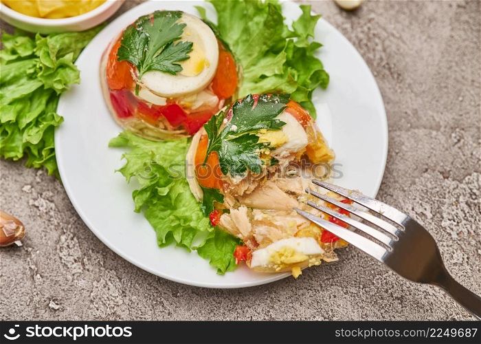 Portion of delicious chicken aspic on a plate isolated on concrete table. High quality photo. Portion of delicious chicken aspic on a plate isolated on concrete table