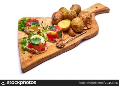 Portion of delicious chicken aspic on serving board isolated on white background. High quality photo. Portion of delicious chicken aspic on serving board isolated on white background