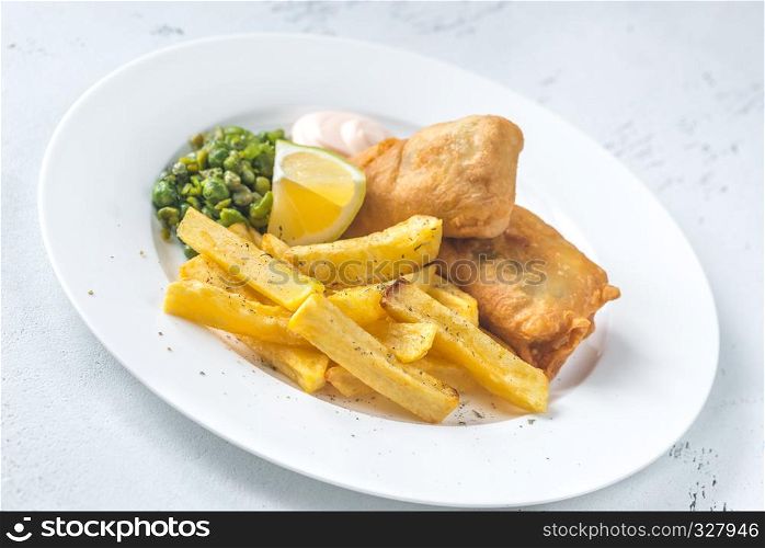 Portion of fish and chips