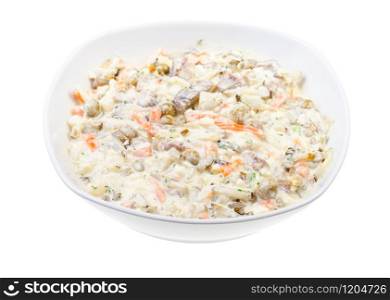 portion of russian Olivier salad in white bowl isolated on white background. portion of russian Olivier salad in white bowl