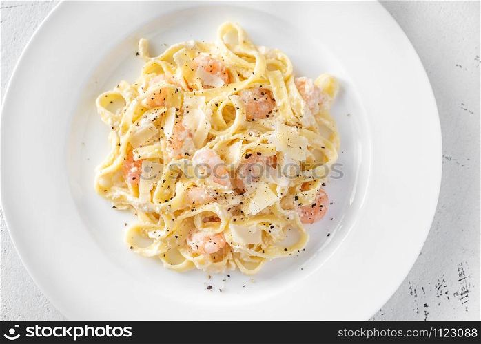 Portion of Shrimp Alfredo Pasta close-up